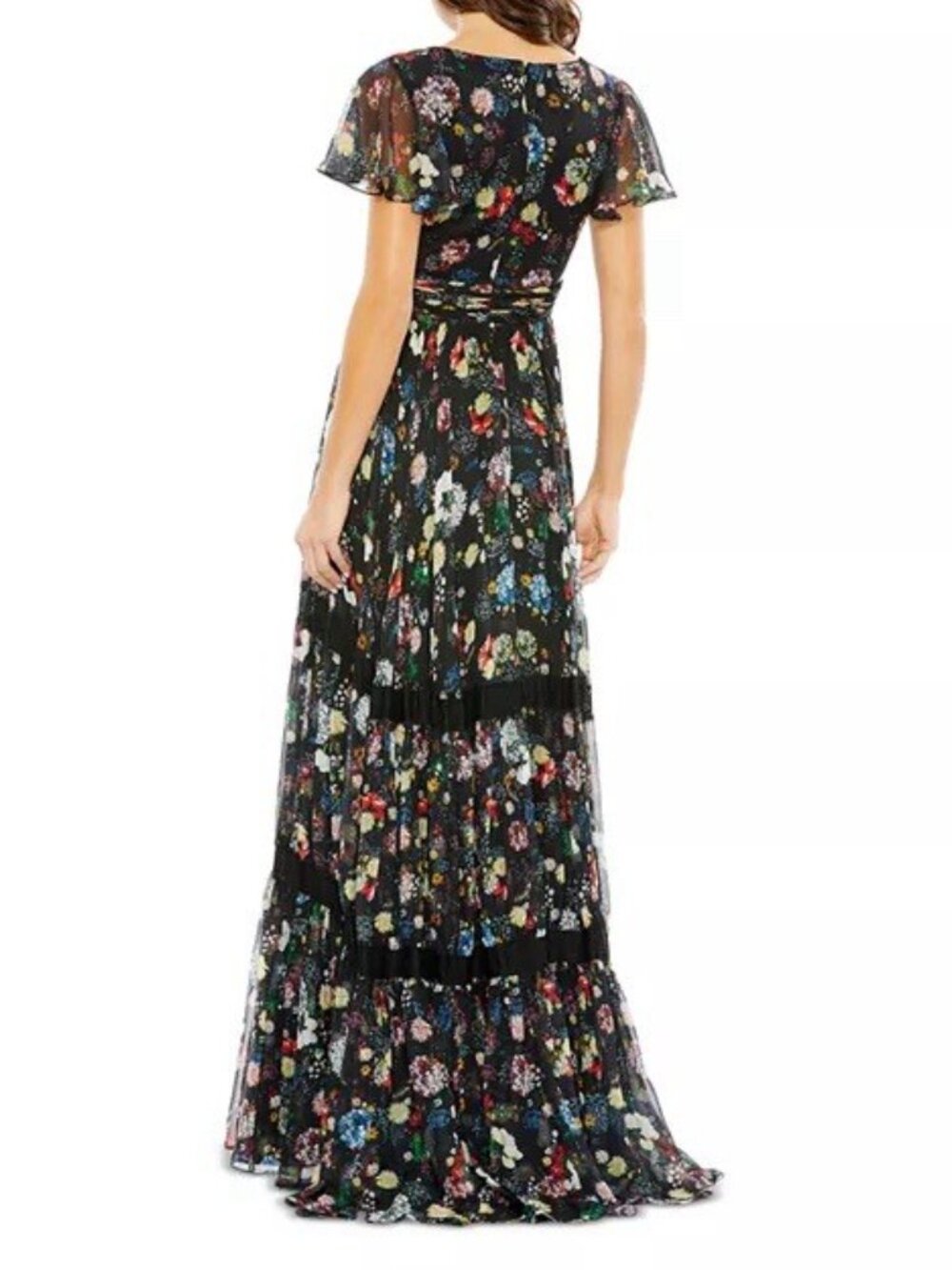 Mac Duggal Size 2 Black 67934 Floral Wrap Maxi Dress Butterly Sleeve Tiered NWT - Picture 4 of 15